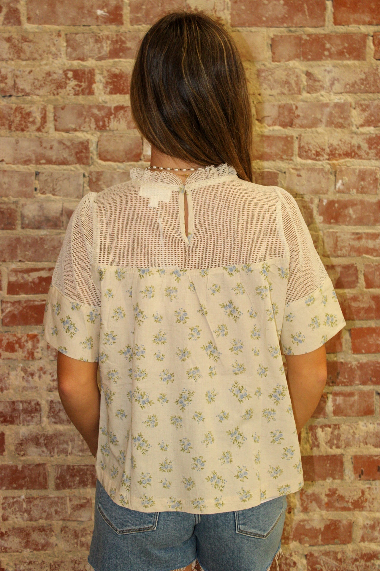 So Me BLUE FLORAL PRINT LACE TRIM COTTON BLOUSE TOP So Me