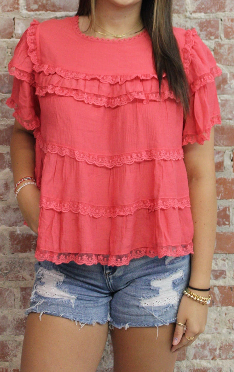 &MERCI CORAL ORANGE TIERED RUFFLE LACE TRIM SWING TOP &MERCI
