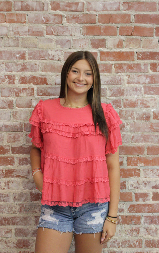 &MERCI CORAL ORANGE TIERED RUFFLE LACE TRIM SWING TOP &MERCI