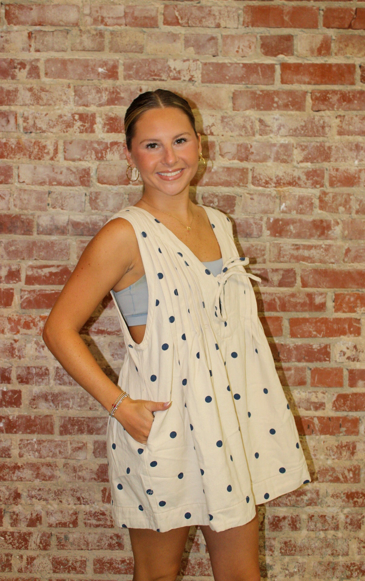 Veveret Blue Polka Dot  Printed Pleated V Neck Sleeveless Denim Romper Veveret