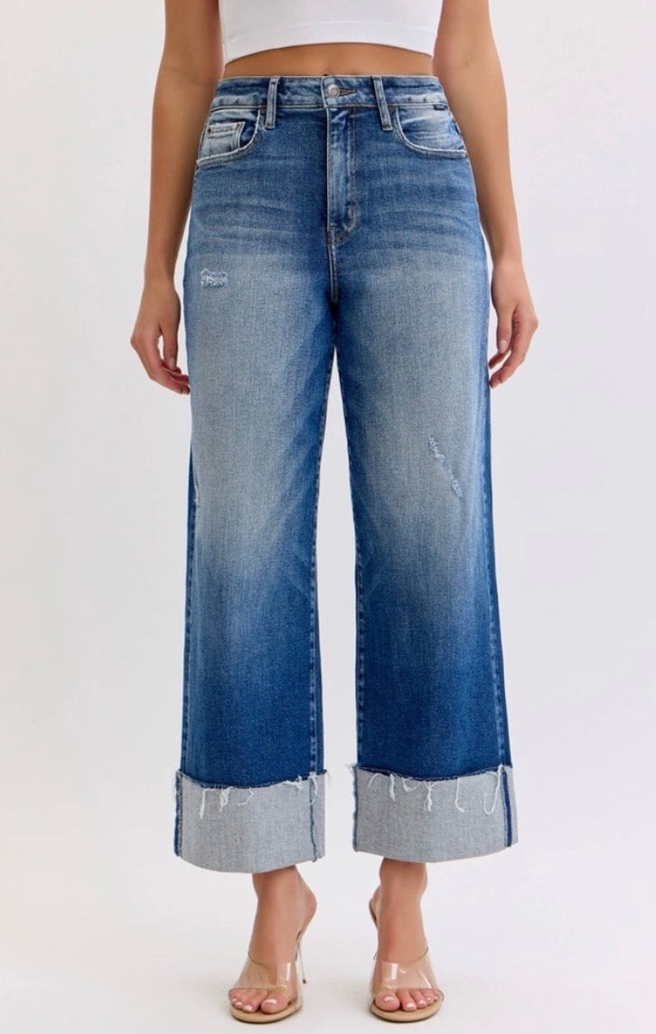 Cello Jeans Medium Wash  High Rise Crop Wide Leg With Cuff Jeans Cello Jeans