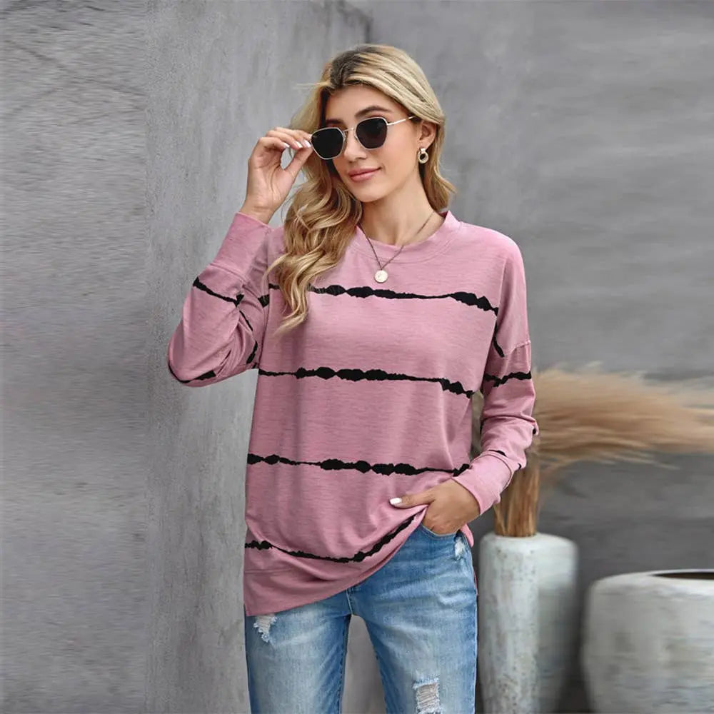 Long Sleeve Crewneck Sweatshirt Striped Printed Pullover