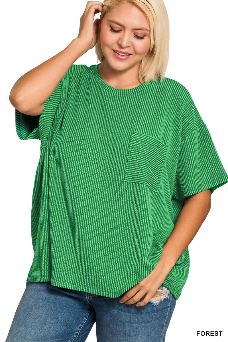 Vanilla Monkey - Plus Raised Rib Short Sleeve Front Pocket Top: BROWN / 3-2(1X/2X-2X/3X) Vanilla Monkey