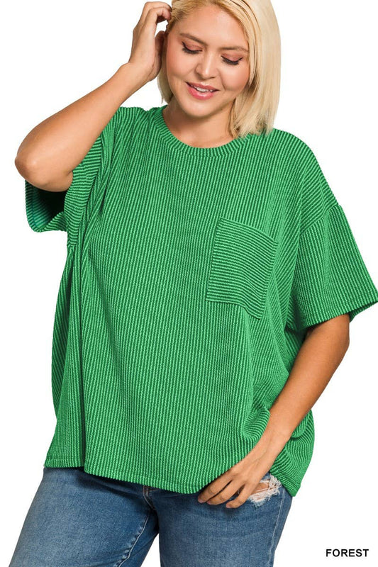 Vanilla Monkey - Plus Raised Rib Short Sleeve Front Pocket Top: BROWN / 3-2(1X/2X-2X/3X) Vanilla Monkey
