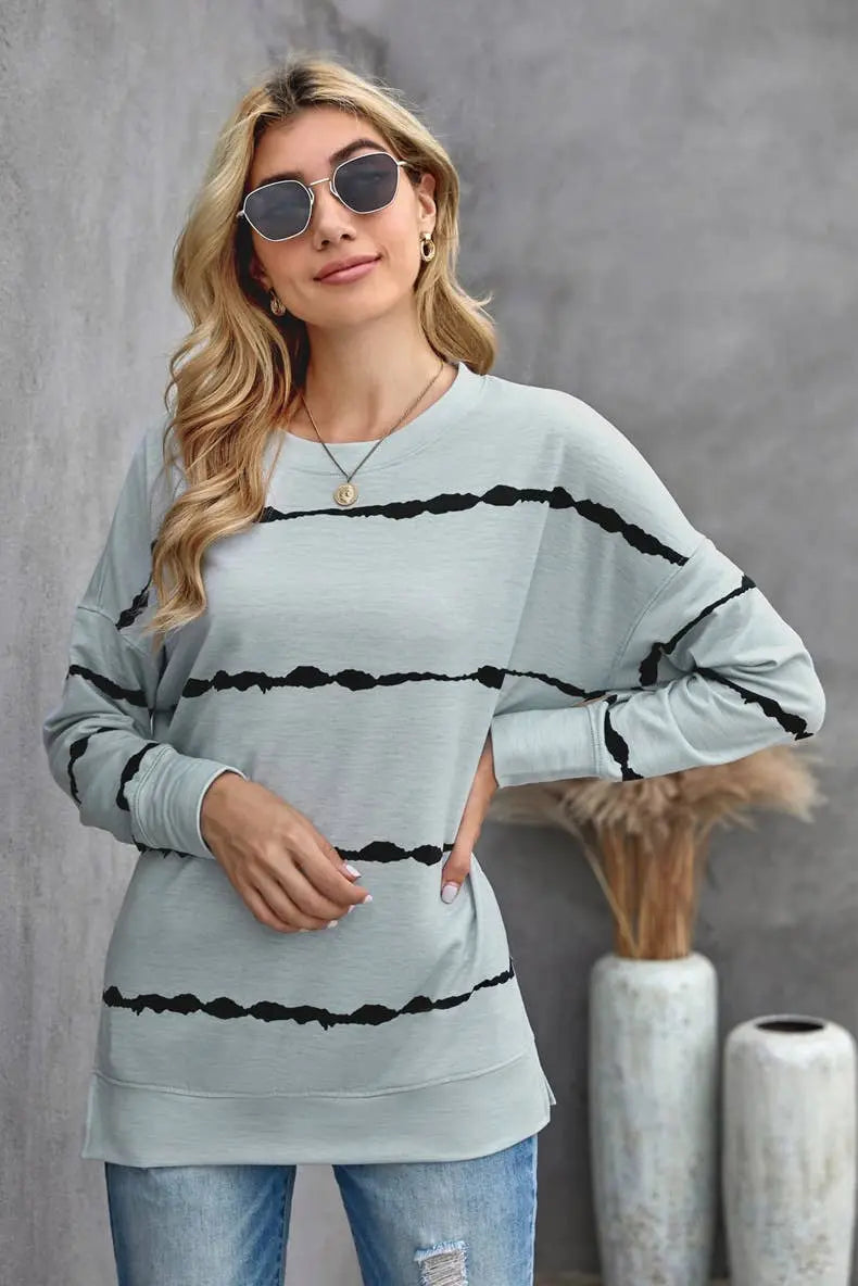 Long Sleeve Crewneck Sweatshirt Striped Printed Pullover