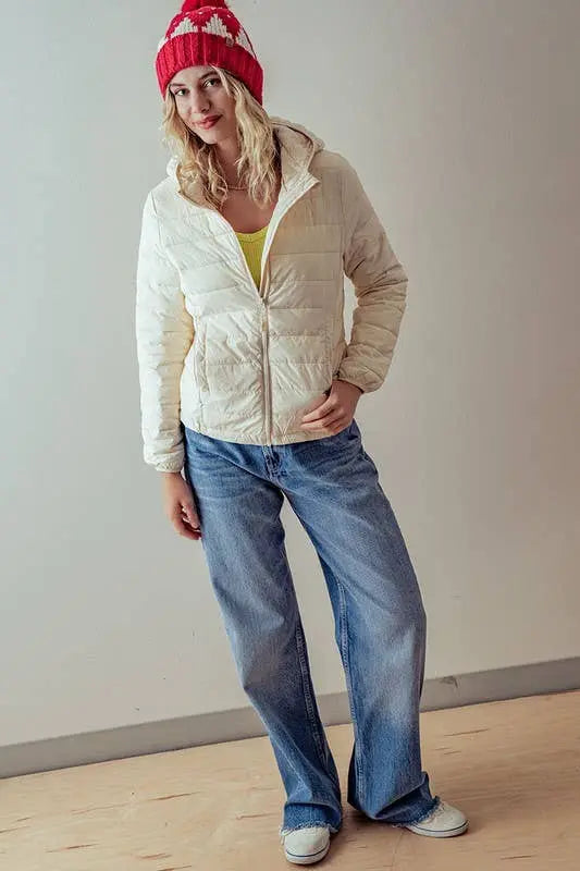 Urban Daizy Cream Nylon Hooded Zip Up Quilted Puff Jacket