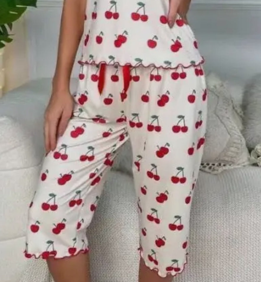 White Cherry Pajama Tank Top And Cropped Pants Set Miss Sparkling