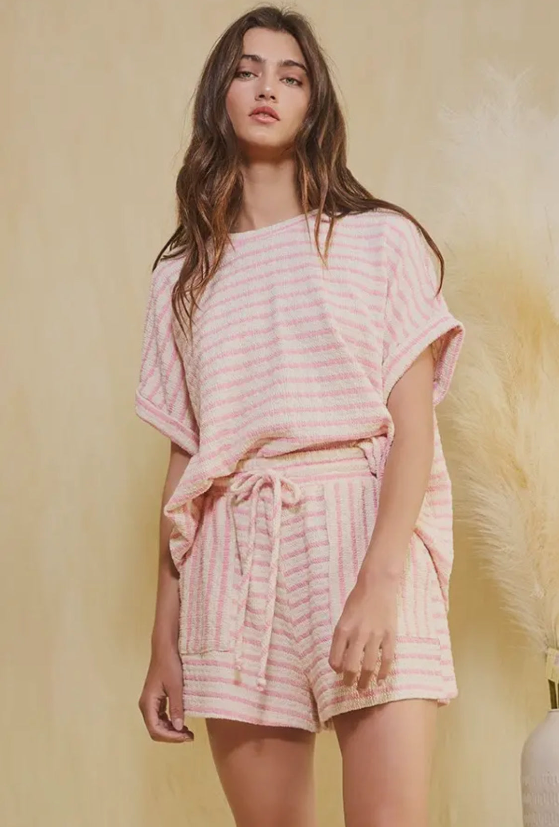 Bucketlist Pink Striped Print Textured  Dolman Sleeve Top With Drawstring Waist Shorts BUCKETLIST