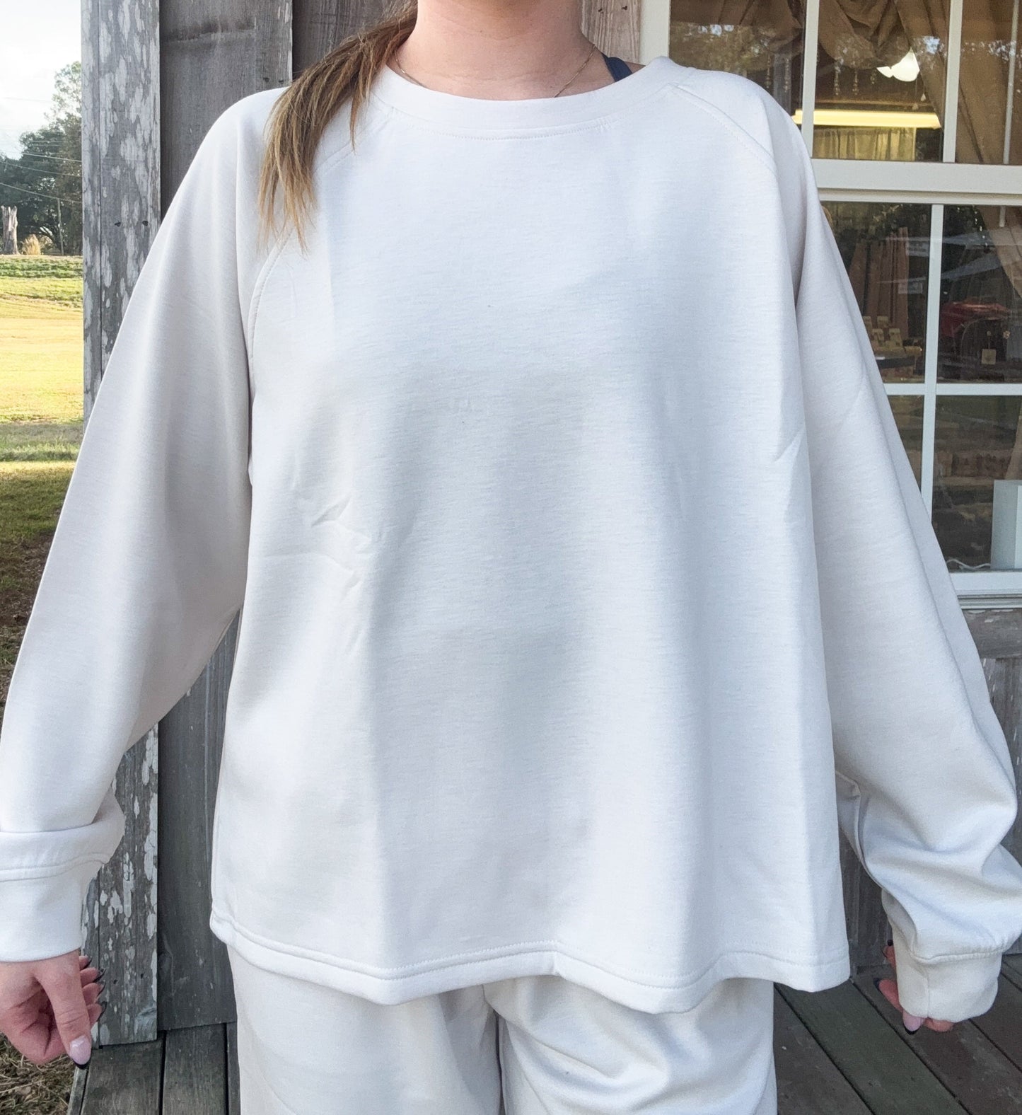 Zenana Sand Beige Scuba Crewneck Pullover & Pants 2 Pieces Set zenana