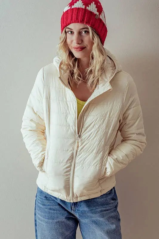 Cream Nylon Hooded Zip Up Quilted Puff Jacket