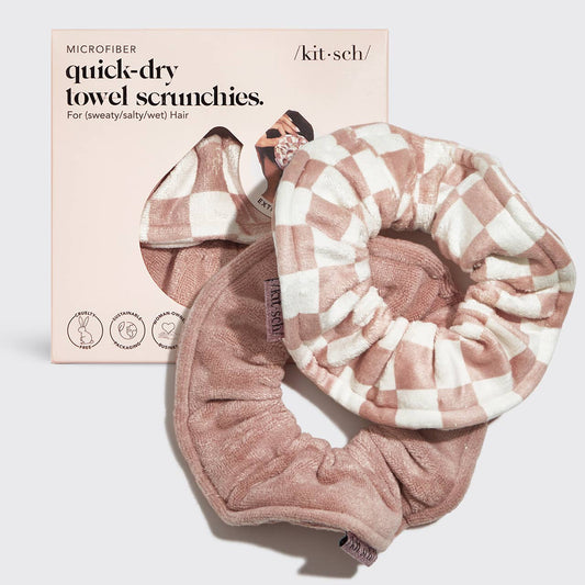 KITSCH - Microfiber Quick-Dry Towel Scrunchie 2PC- Terracotta Checker KITSCH