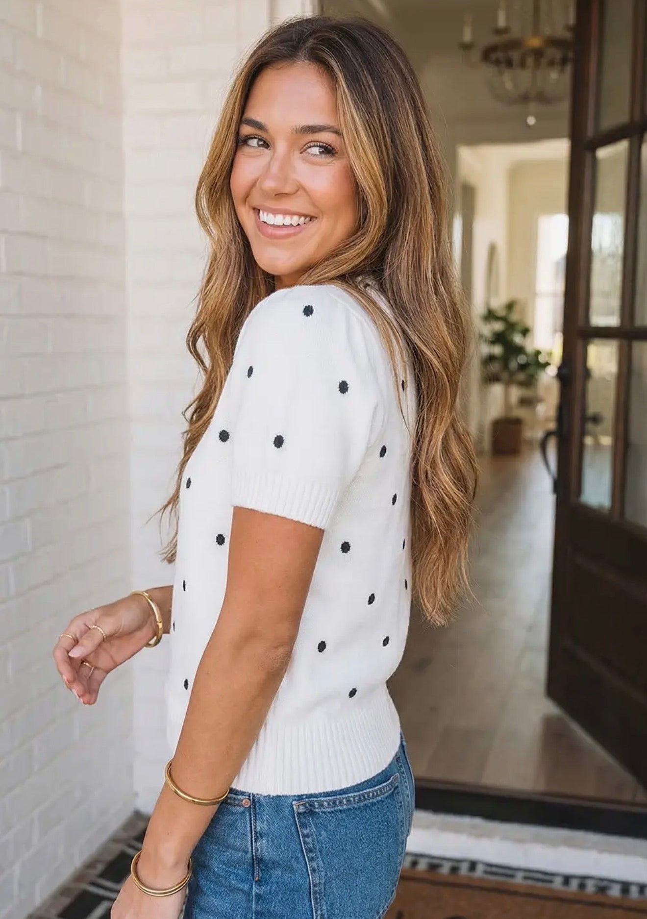 LA Society White Elegant Polka Dot Bubble Short Sleeve Sweater Top LA Society