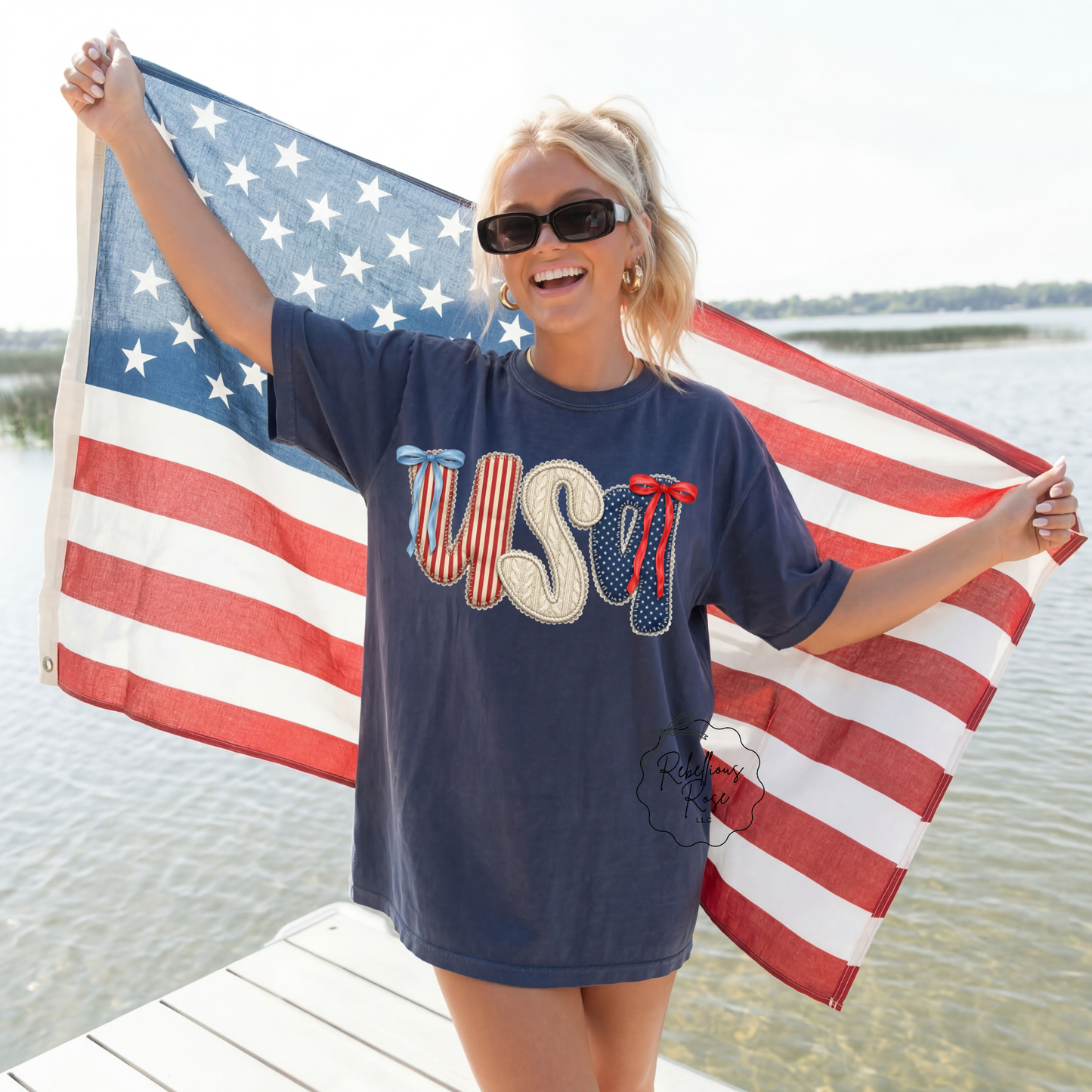 Rebellious Rose LLC - Faux Embroidery USA Coquettes Fourth of July Graphic T-shirt: XL Rebellious Rose LLC