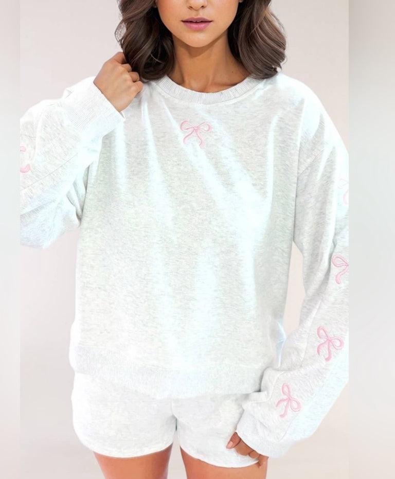 Gray Bow Embroidery Long Sleeve Pullover and Shorts Set LA Society