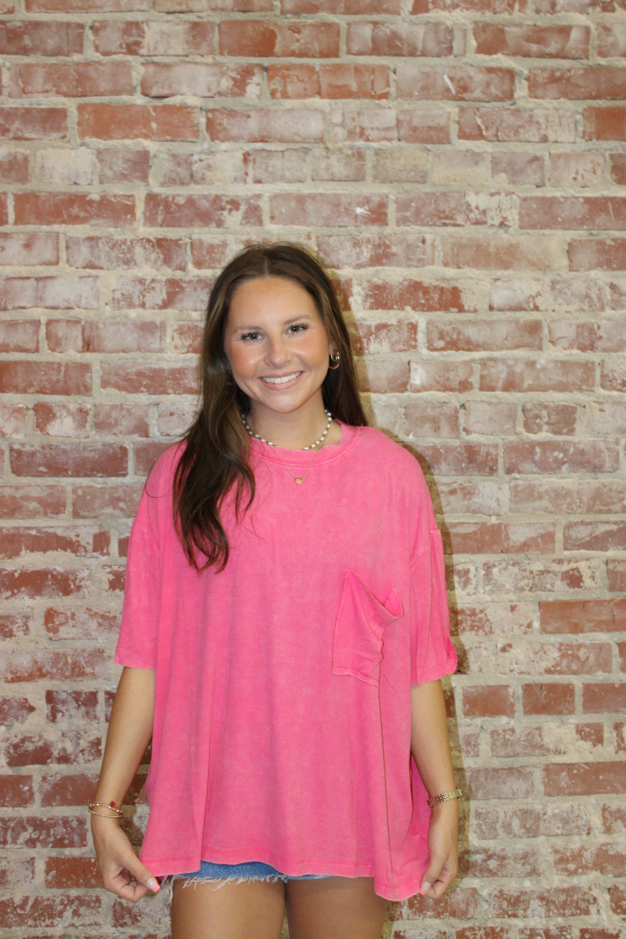 Zenana Fuchsia Washed Ribbed Cuffed Short Sleeve Round Neck Top zenana