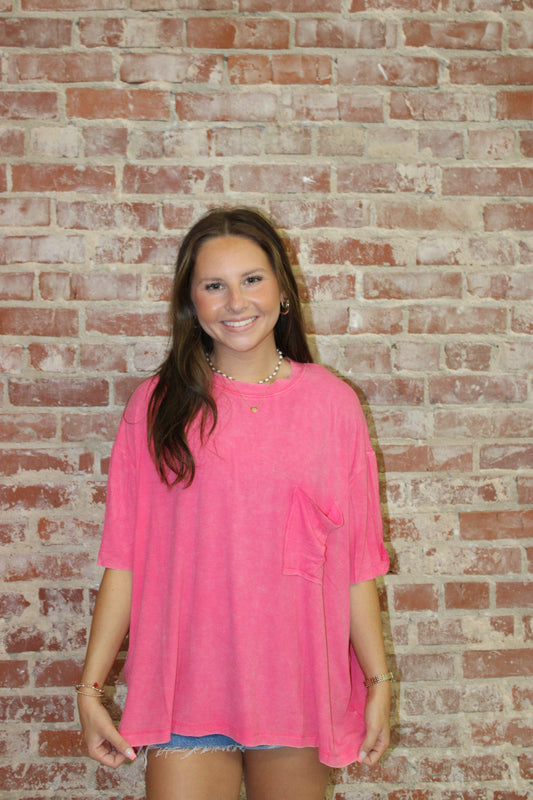 Zenana Fuchsia Washed Ribbed Cuffed Short Sleeve Round Neck Top zenana