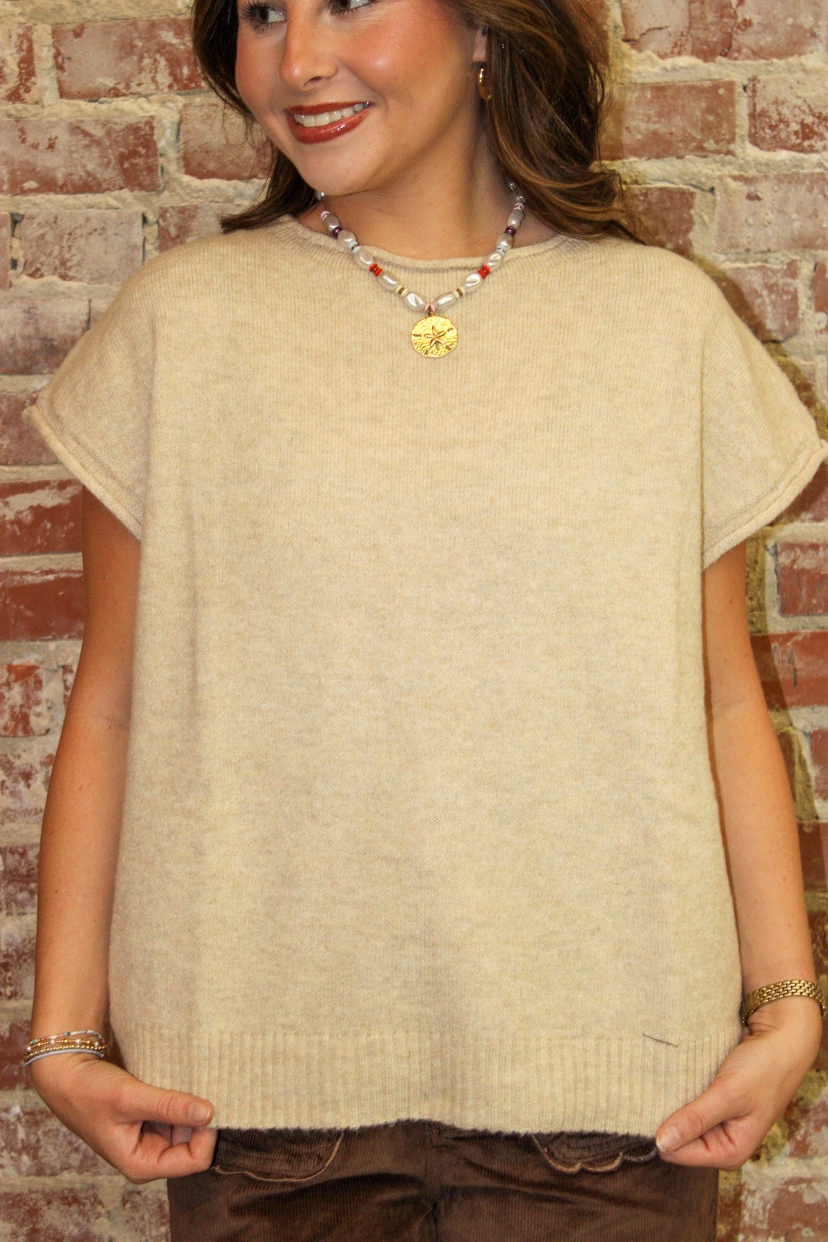 Day + Moon Cap Sleeve Sweater Knit Top With Rolled Edge Detail day & moon