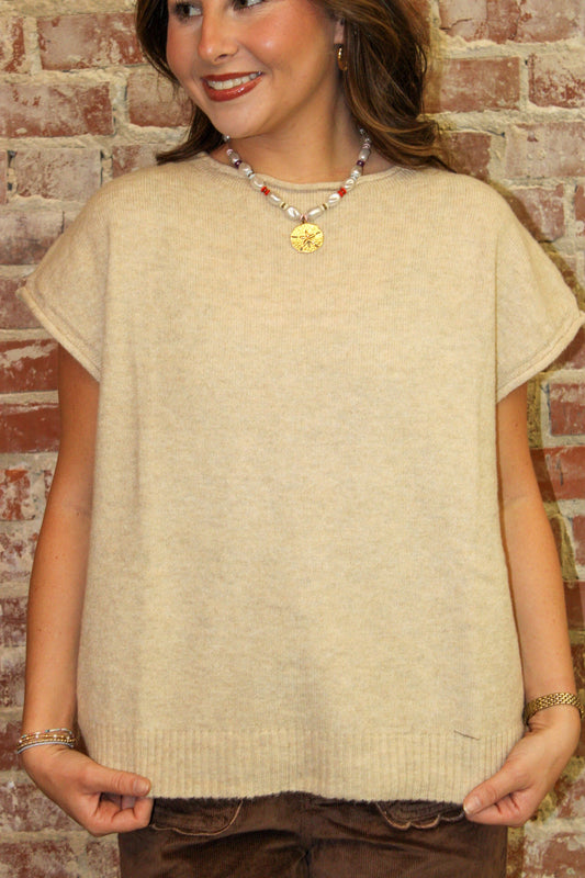 Day + Moon Cap Sleeve Sweater Knit Top With Rolled Edge Detail day & moon