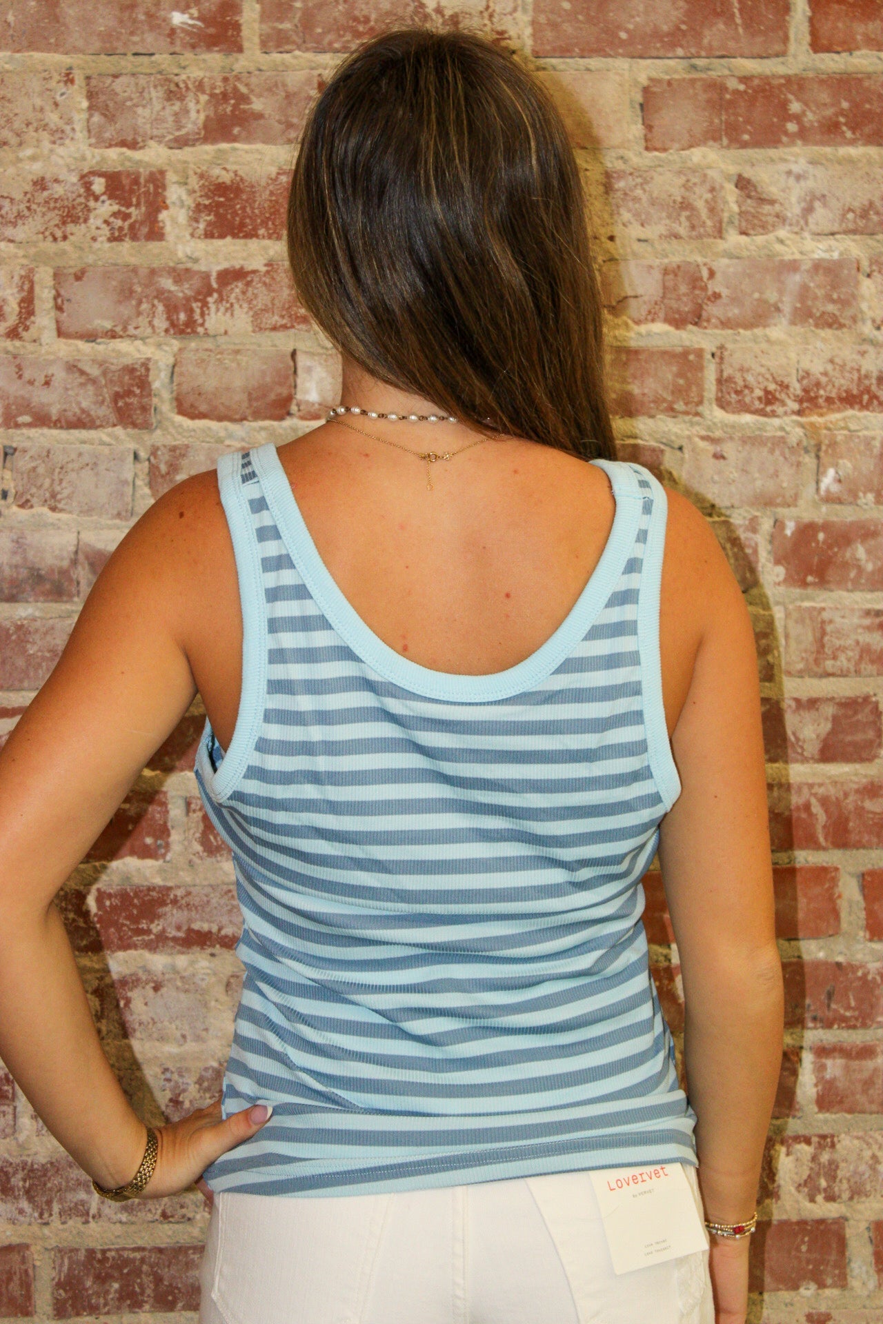 1 the Woman Sky Blue Stripe Essential Ribbed Knit Sleeveness Slim U Back Tank Top 1 the Woman