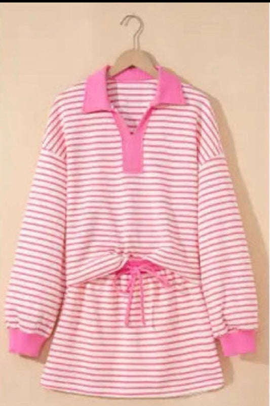 LA Society Pink Striped Collared V Neck Pullover and Skirt Set LA Society