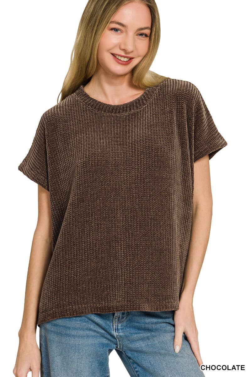 Vanilla Monkey - Chenille Waffle Cap Sleeve Sweater: ASH MOCHA / 2-2-2(S-M-L) Vanilla Monkey