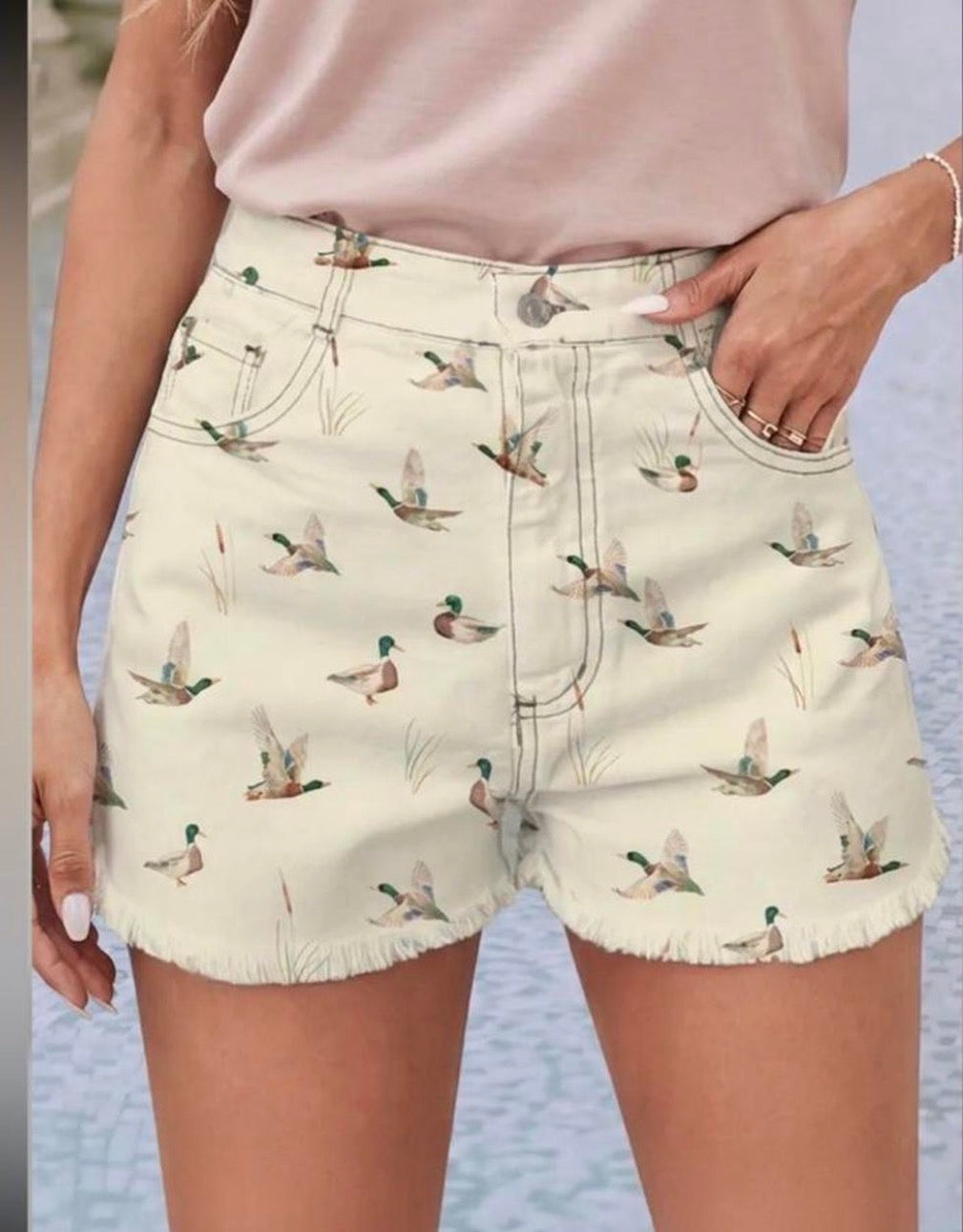 LDC Beige Western Mallard Duck Pocket Denim Shorts Little Daisy Closet