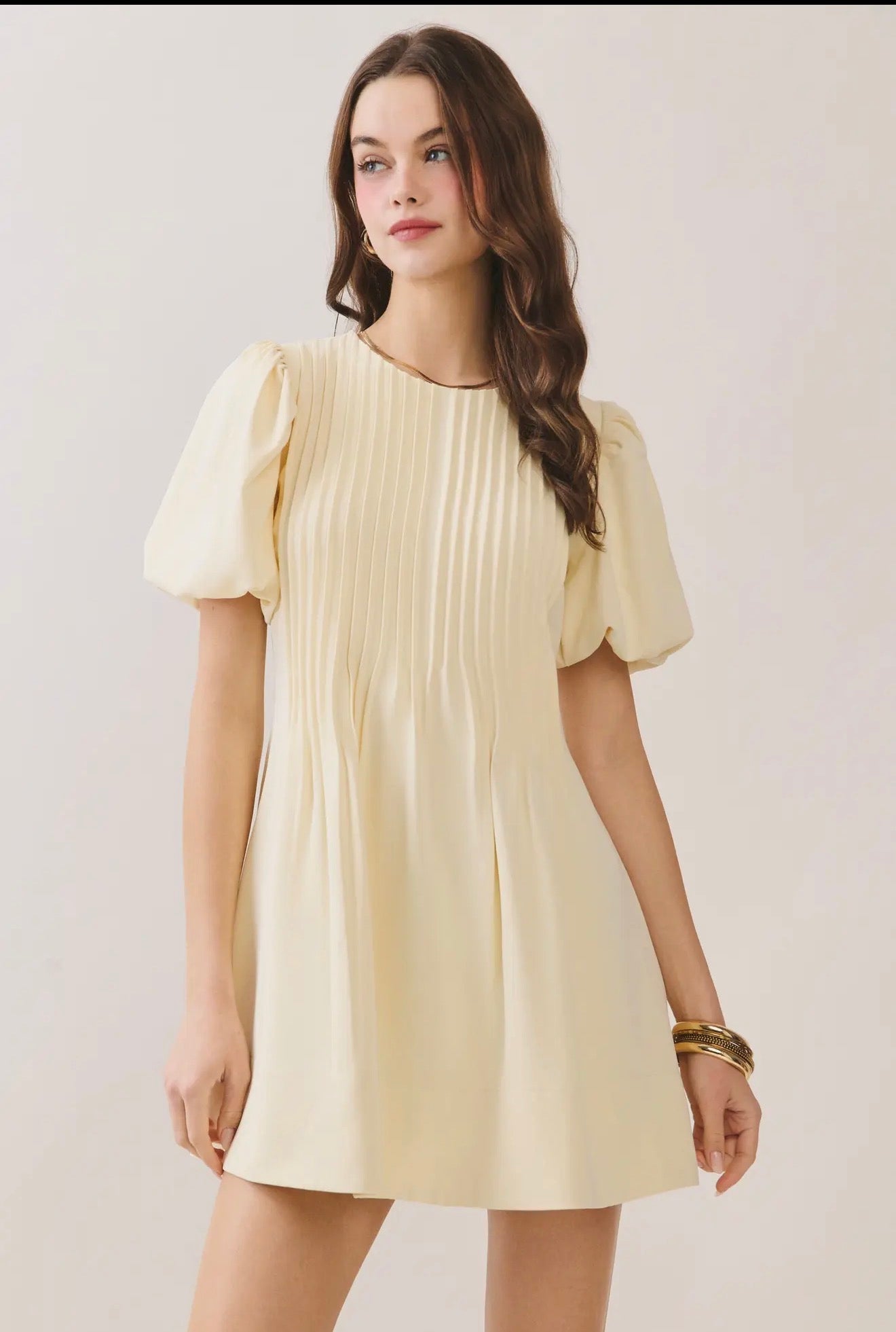 TCEC Yellow Pleated Detail Hidden Back Zipper A Line Dress TCEC