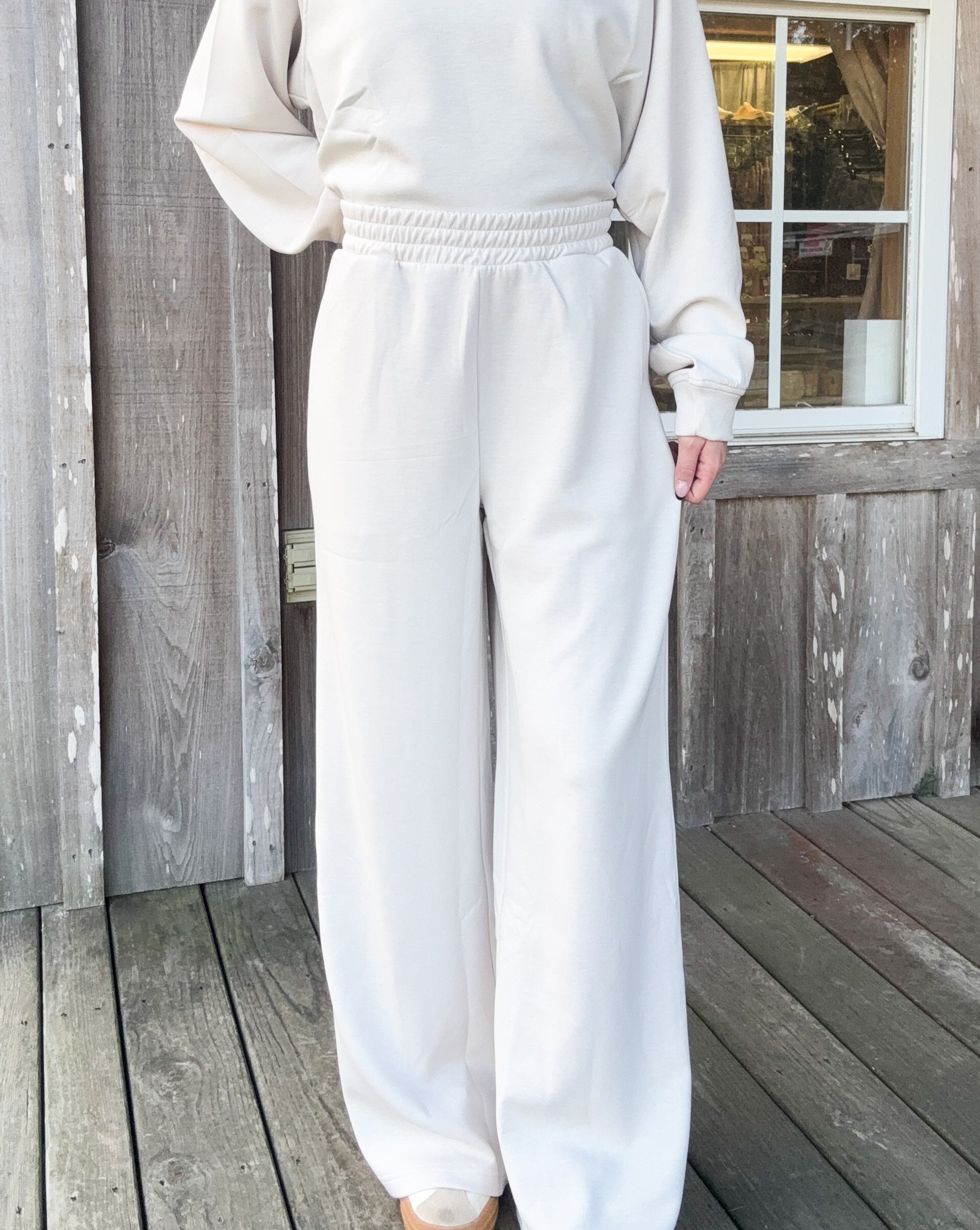 Zenana Sand Beige Scuba Crewneck Pullover & Pants 2 Pieces Set zenana