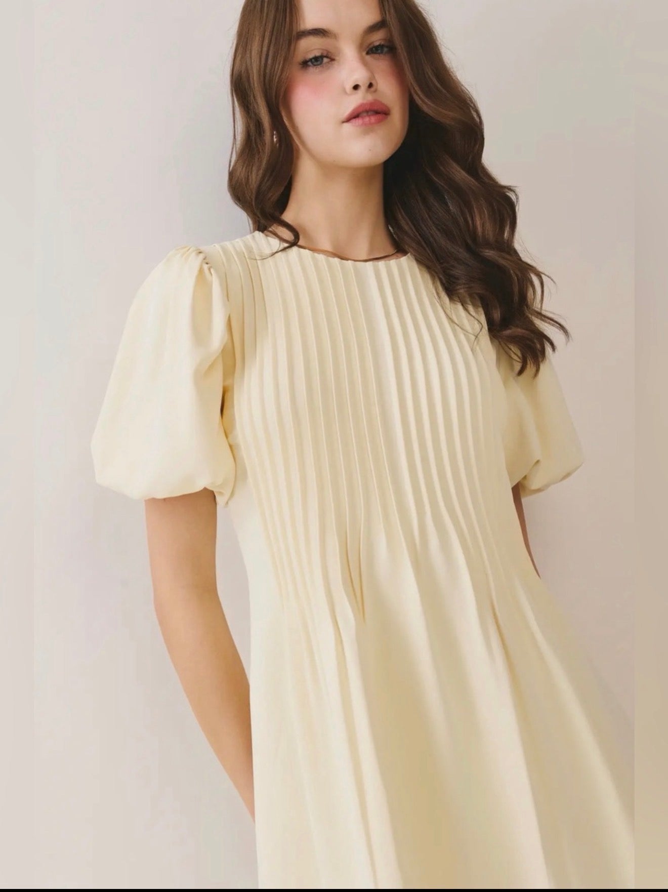 TCEC Yellow Pleated Detail Hidden Back Zipper A Line Dress TCEC