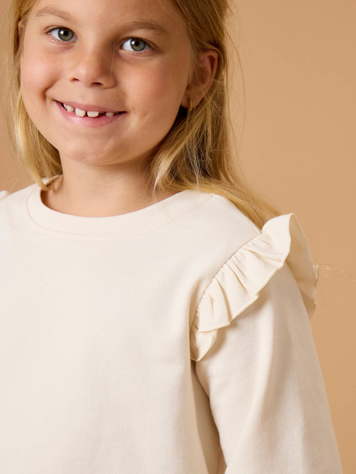 RuffleButts + RuggedButts - Girls Ivory Knit Flutter Sweatshirt: Off-White / 8 RuffleButts + RuggedButts