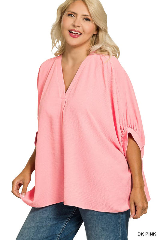 Vanilla Monkey - Plus Woven Airflow V-neck Puff Half Sleeve Top: DK PINK / 3-3 (1XL/2XL-2XL/3XL) Vanilla Monkey