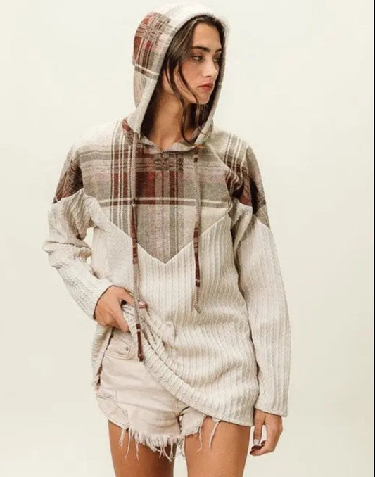 BIBI PLAID BRUSH KNIT CONRAST CABLE KNIT HOODIE BIBI