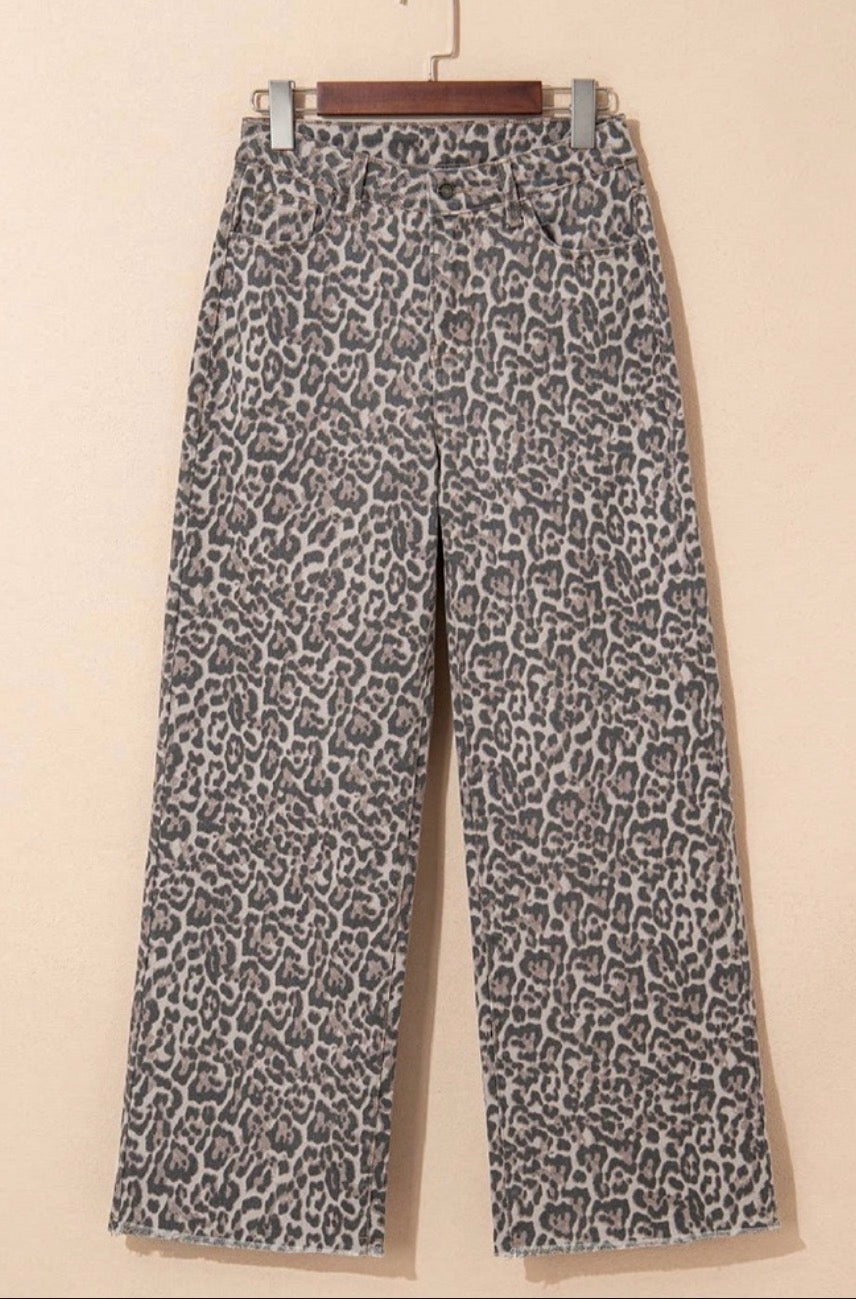 Leopard Frayed Edge Wide Leg High Waist Jeans Babs + Birdie
