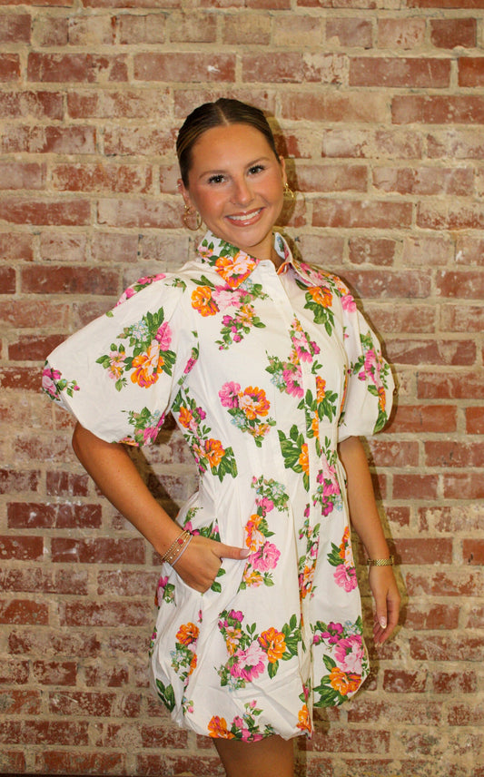 Olivia White Floral Puff Sleeve Mini Dress Olivaceous