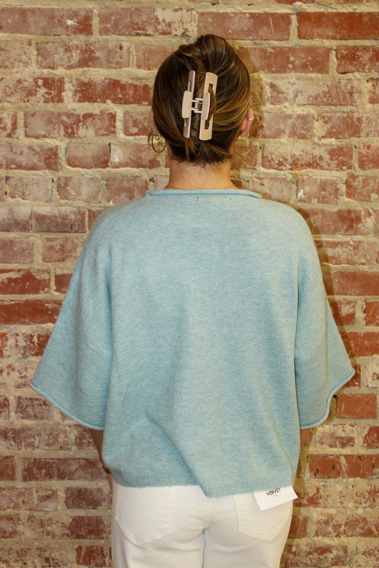 BLU PEPPER DUSTY BLUE RAW EDGE SHORT SLEEVE BUTTON DOWN BOXY CARDIGAN Blu Pepper
