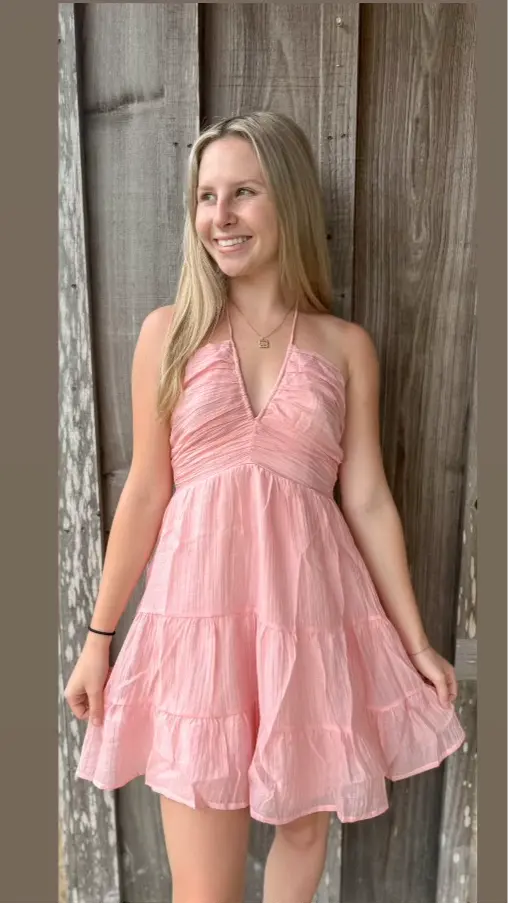 Rosa Solid halter plunge ruched swing mini shirred dress Rosa Clothing