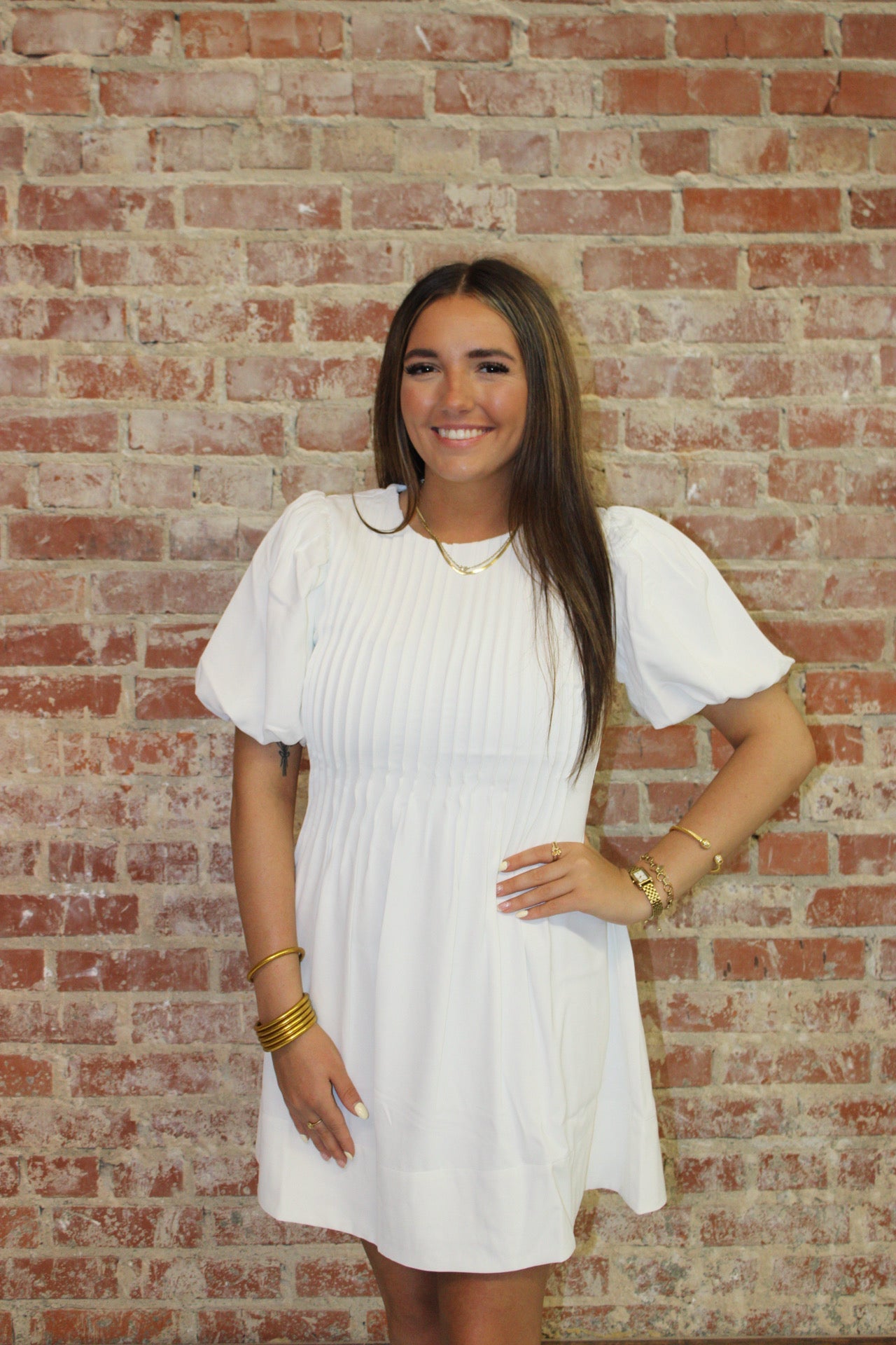 TCEC White Pleated Detail Back Hidden Zipper A Line Dress TCEC