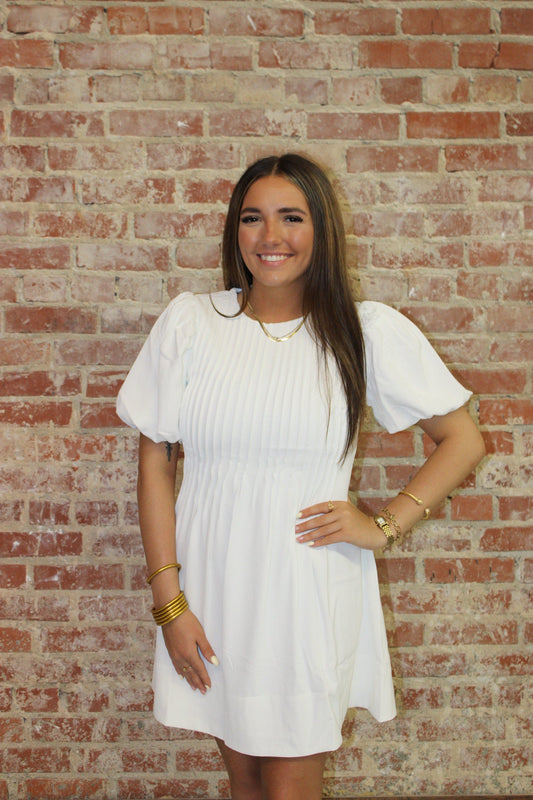 TCEC White Pleated Detail Back Hidden Zipper A Line Dress TCEC