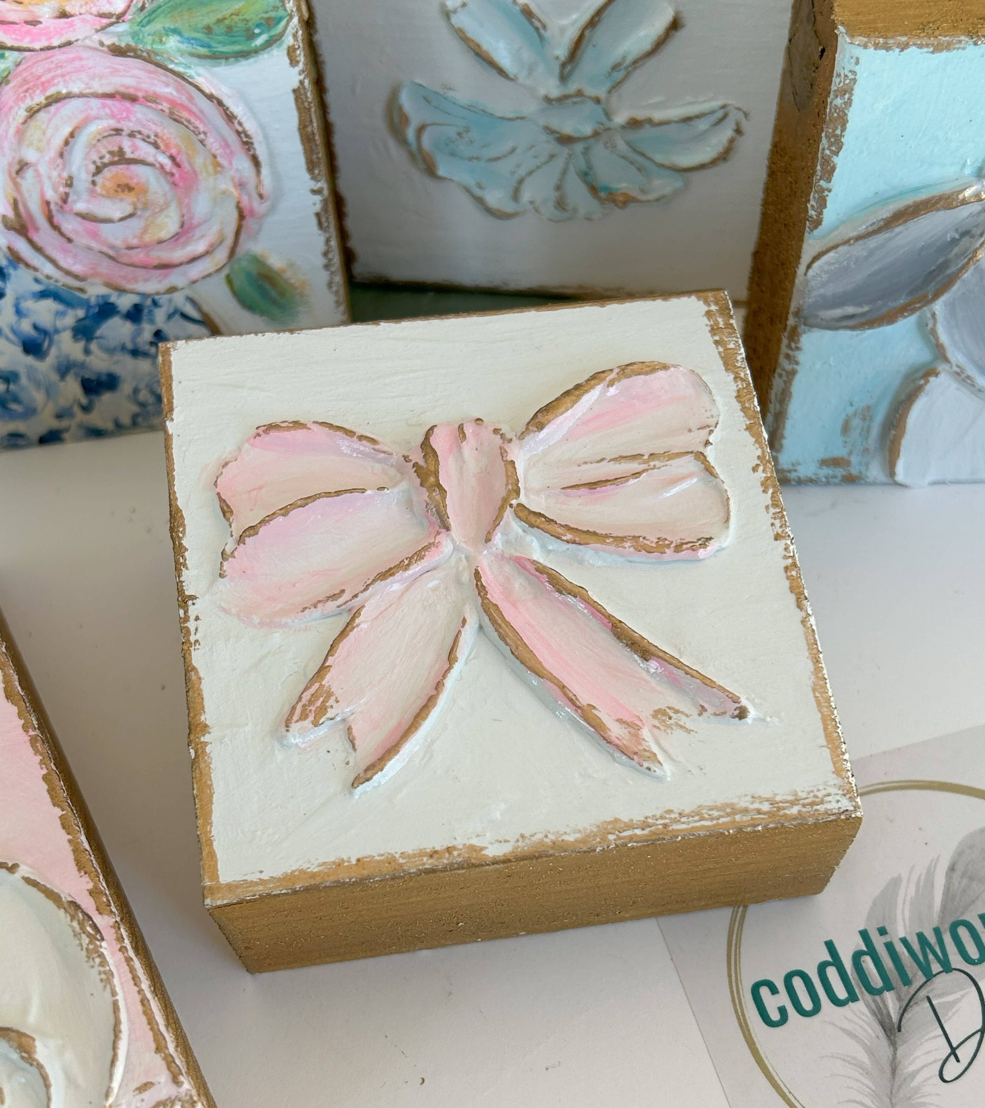 Coddiwomple - Pink bow mini block  |  floral Easter Spring baby nursery Coddiwomple