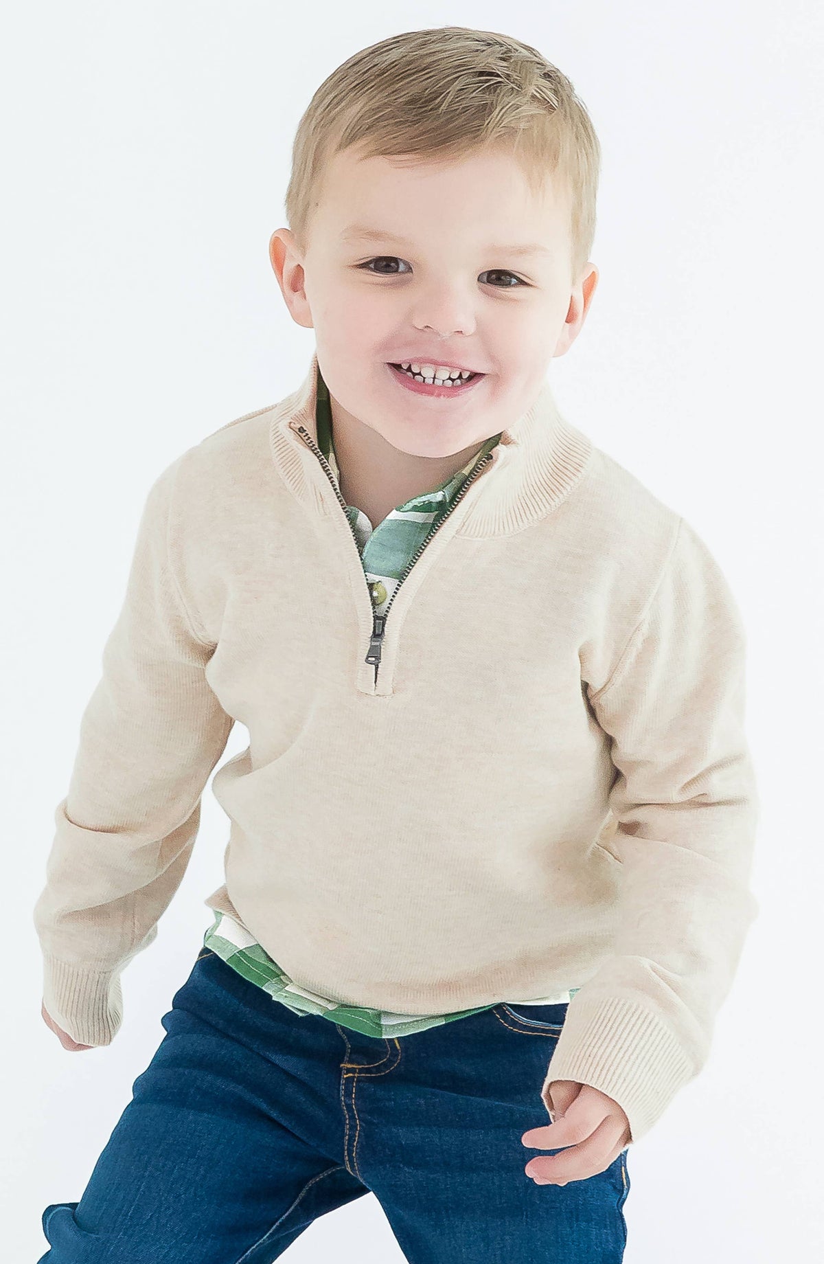 RuffleButts + RuggedButts - Boys Heather Oatmeal Quarter-Zip Sweater: Off-White / 5 RuffleButts + RuggedButts
