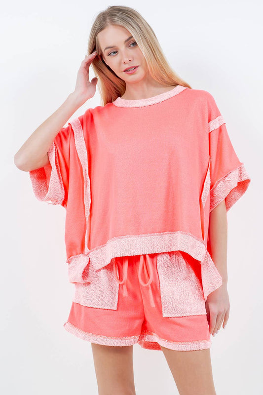 J.Her - Oversize Reverse Contrast Banded Top HT4028: Neon pink / S-M-L / 2-2-2 J.Her