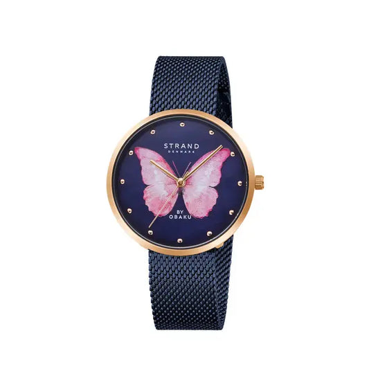 Pink Butterfly, Ocean Blue & Rose Gold Mesh Watch