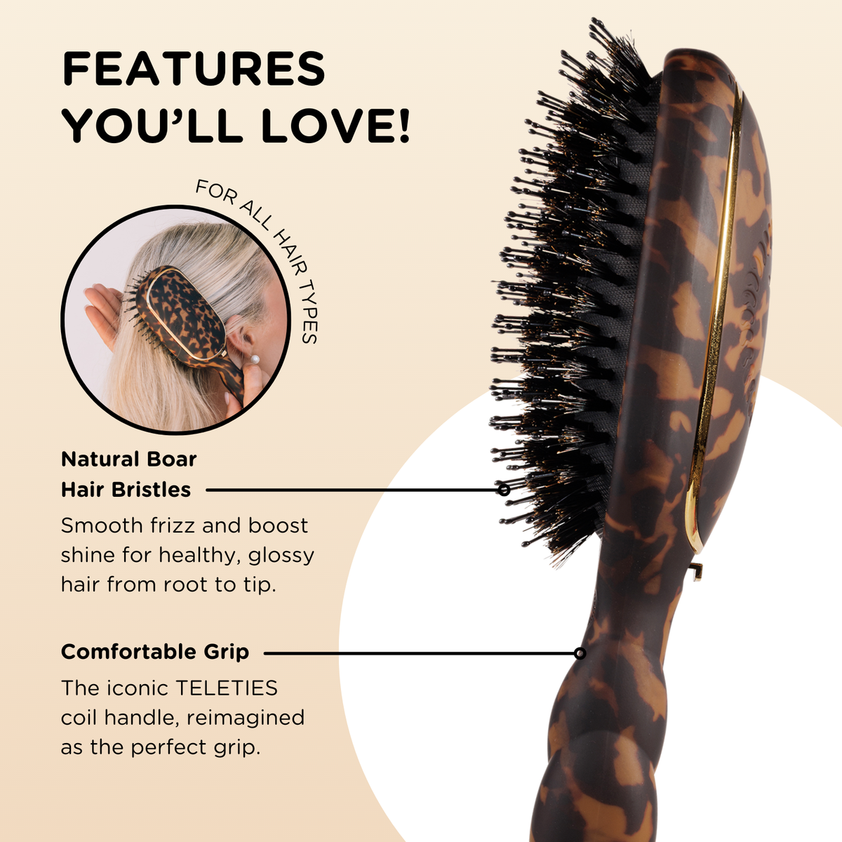 TELETIES - Boar Brush | Full Size | Tortoise TELETIES