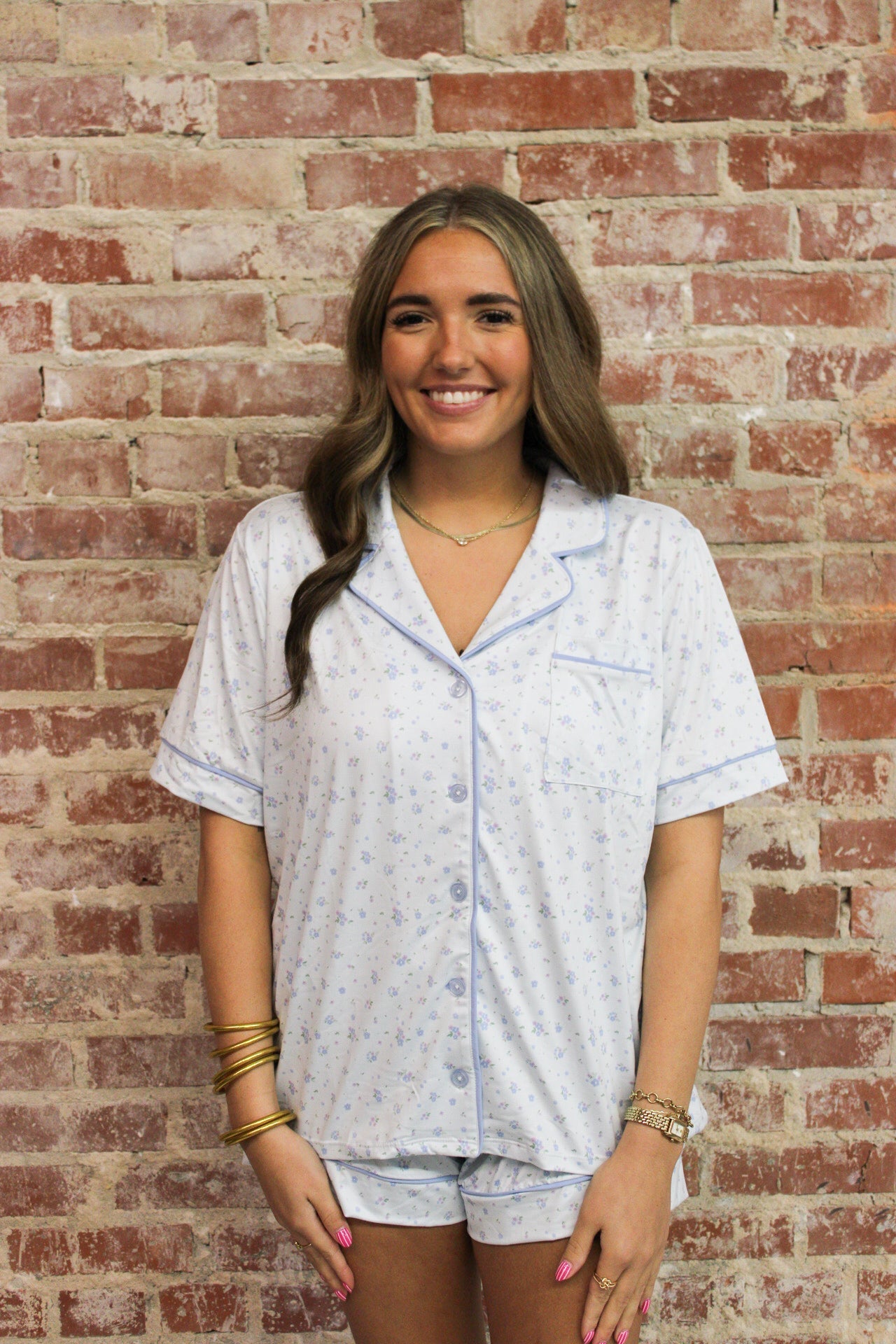 KIMBERLY C Blue Ditsy Print with Contrast Piping Top And Bottom Pajama Set KIMBERLY C