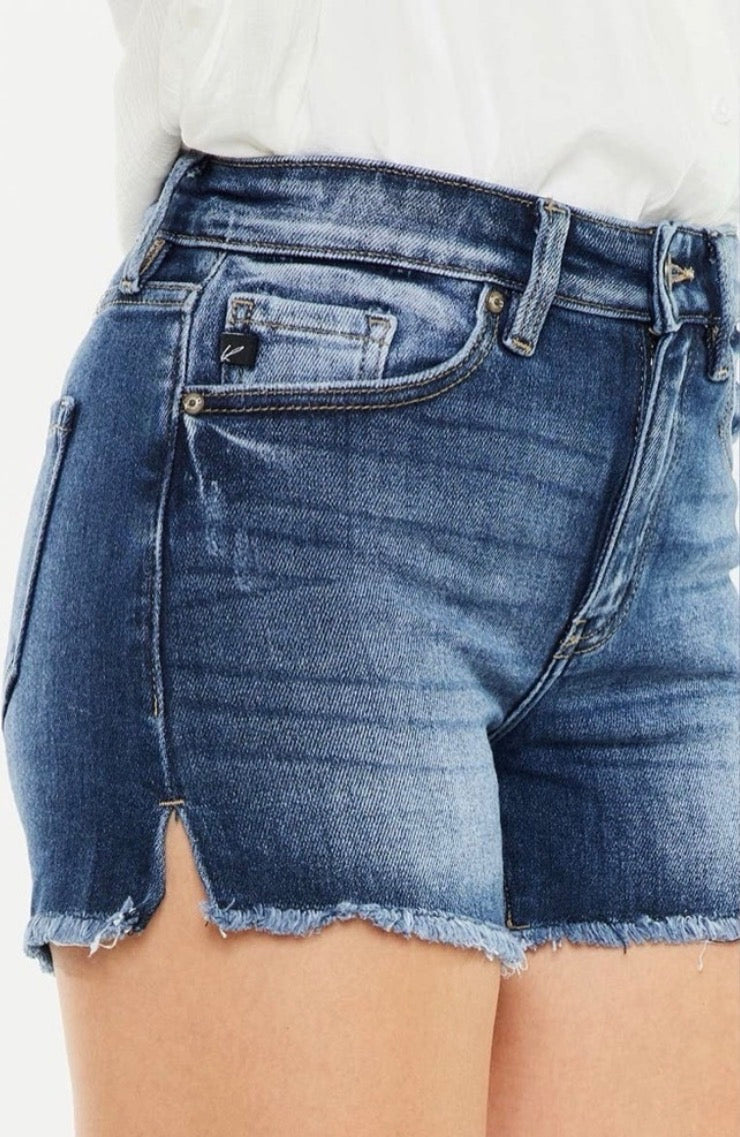 Kan Can DARK HIGH RISE FRAYED HEM DENIM SHORTS Kan Can USA