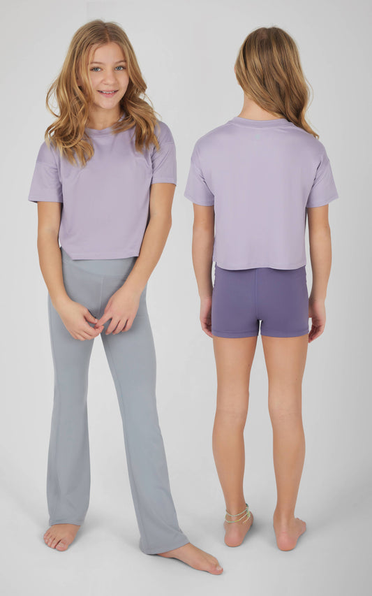 90 Degree by Reflex & Yogalicious - Girls Super Soft Tee, Shorts, and Flare - 3 PC Set: LAVENDER AURA/CADET/WEATHERVANE 90 Degree by Reflex & Yogalicious