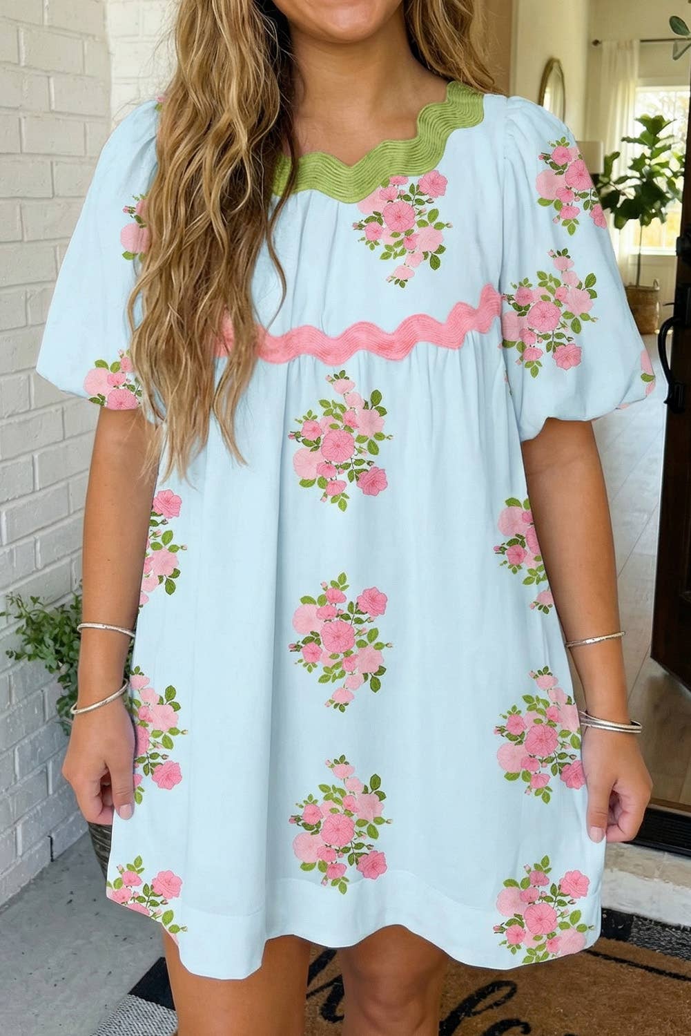 LA Society - LAS Floral Ricrac Detail Bubble Sleeve Dress (S-XL): Sky Blue / Missy / L LA Society