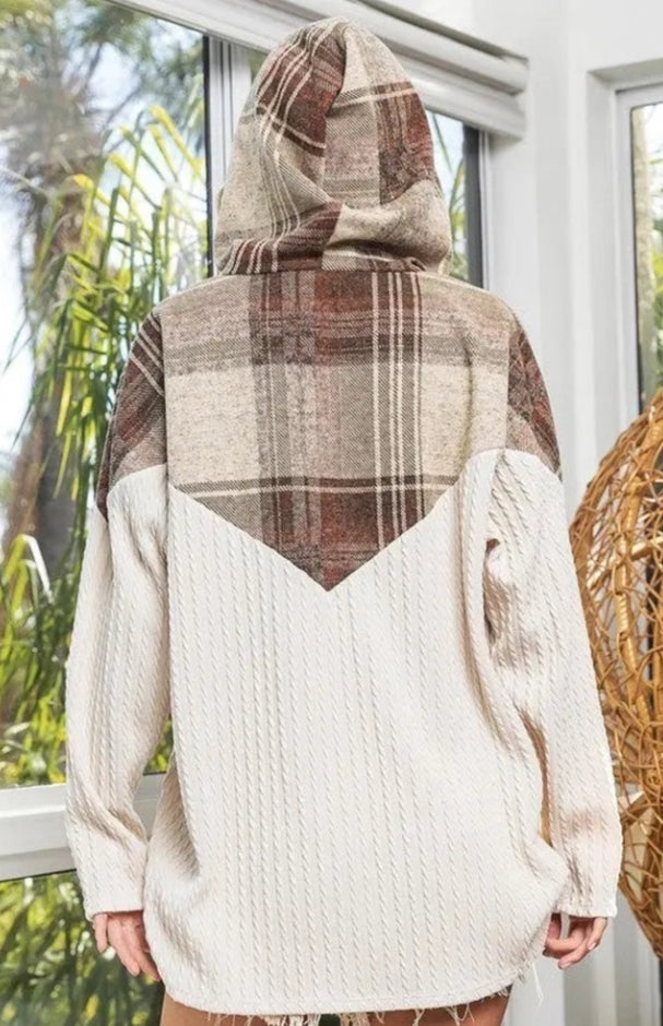 BIBI PLAID BRUSH KNIT CONRAST CABLE KNIT HOODIE BIBI