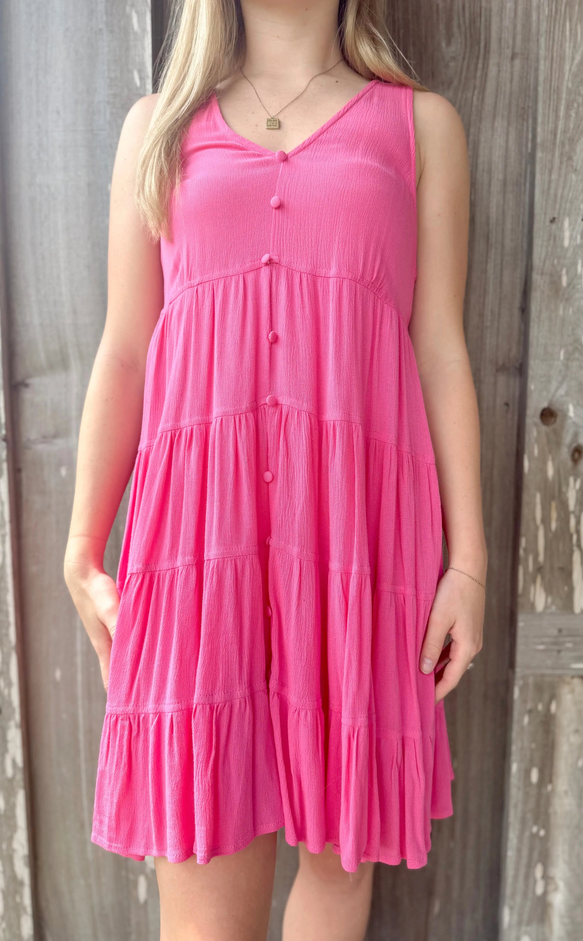 Pink Sleeveless Button Up Tiered V Neck Mini Dress BAEVELY