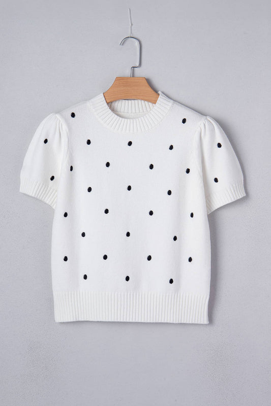 LA Society - LAS Elegant Polka Dot Bubble Short Sleeve Sweater (S-XL): White / Missy / M LA Society